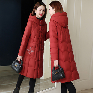 2025冬高端品牌加厚羽绒服女中长款大码连帽国风绣妈妈装鹅绒外套