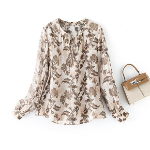 高端重磅双绉真丝衬衫女2025秋季优雅气质印花系带长袖桑蚕丝上衣