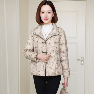 中式盘扣短款羽绒服女2025冬高端品牌洋气妈妈装印花90白鹅绒外套