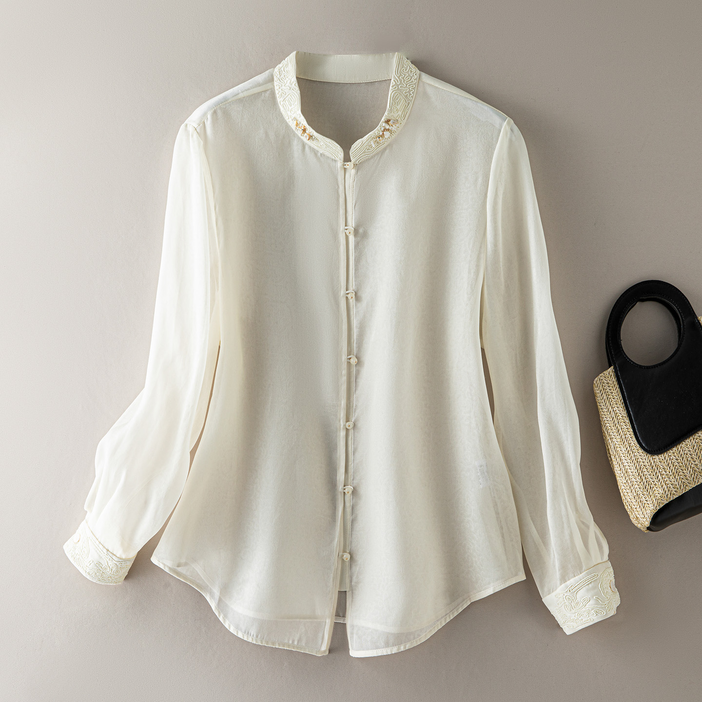 国风刺绣提花欧根纱真丝衬衫女