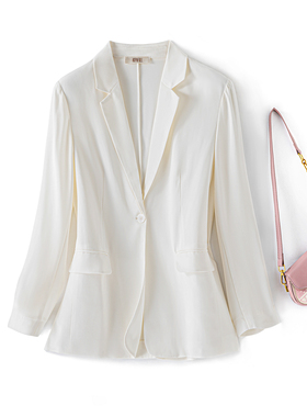 30姆米重磅白色真丝小西装女2025秋高端通勤一粒扣桑蚕丝西服外套