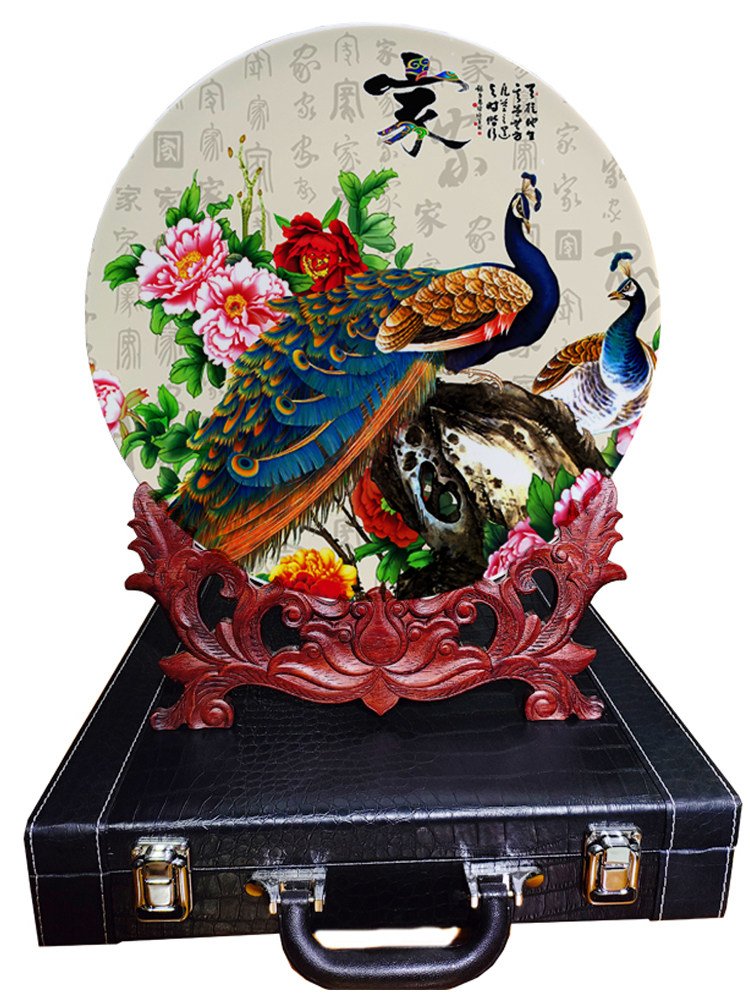 JINGDEZHEN 공작 오프닝 장식품 매달려 접시 장식 중국어 거실 입구 사무실 장식품 미술 도자기 접시