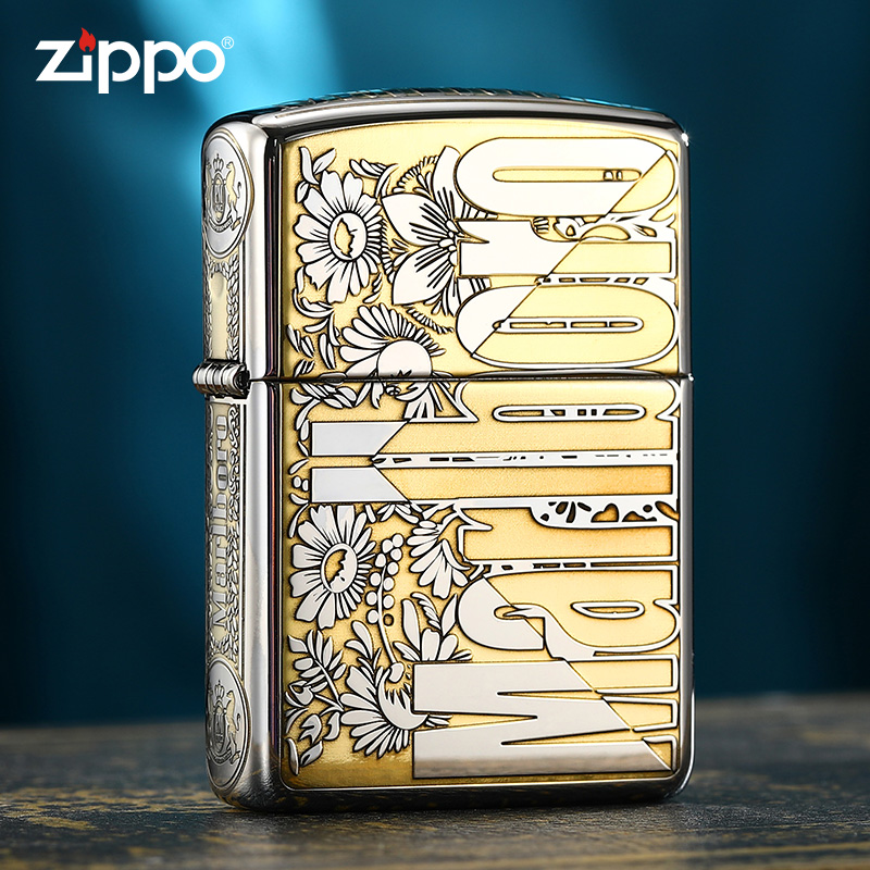 zippo打火机镀银盔甲繁花万宝路
