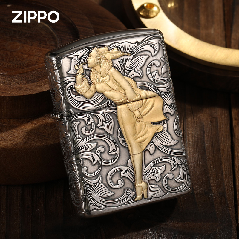 ZIPPO打火机官方正品 防风芝宝纯银唐草錾金风中女郎男士礼物高端