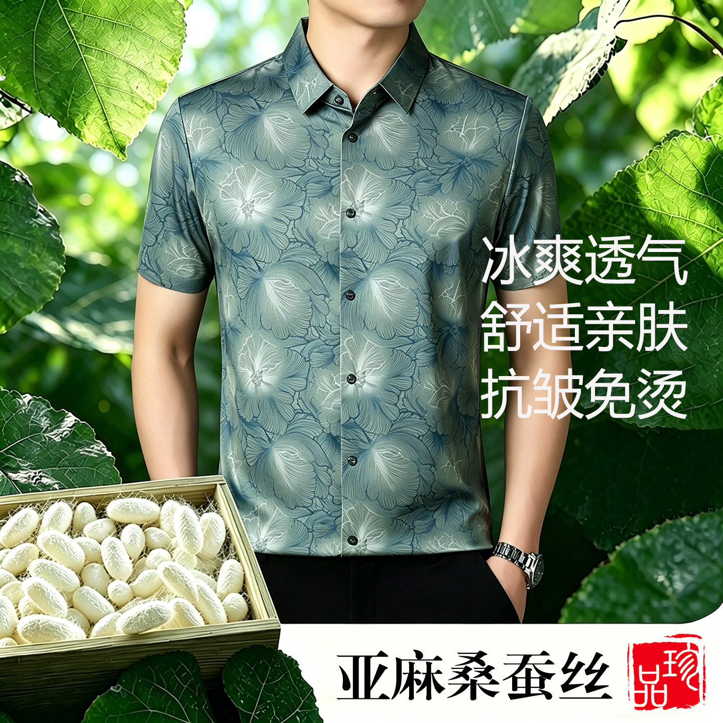 鄂尔多斯市天然桑蚕丝衬衫男士短袖中年爸爸真丝绸缎印花2026新款