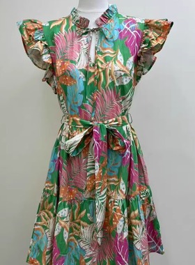 美国原单FLYING* 生机浪漫感 绿色复古印花气质飞飞袖收腰连衣裙