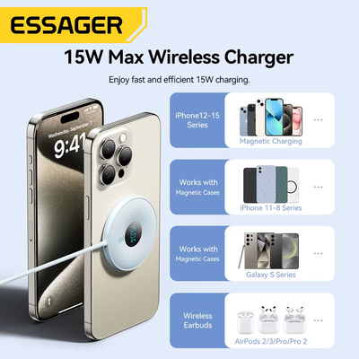Essager 15W Magnetic Wireless Charger for iPhone 15 14 13Pro Max Digital Display for Macsafe Airpods