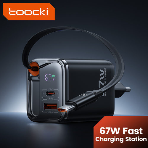 Toocki PD 67W GaN USB Charger QC3.0 PPS Type C Fast Charge Display Charger With Retractable Cable