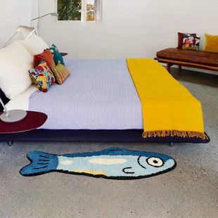 卡通蓝色小鱼植绒簇绒地毯客厅儿童房卧室床边毯浴室吸水地垫脚垫