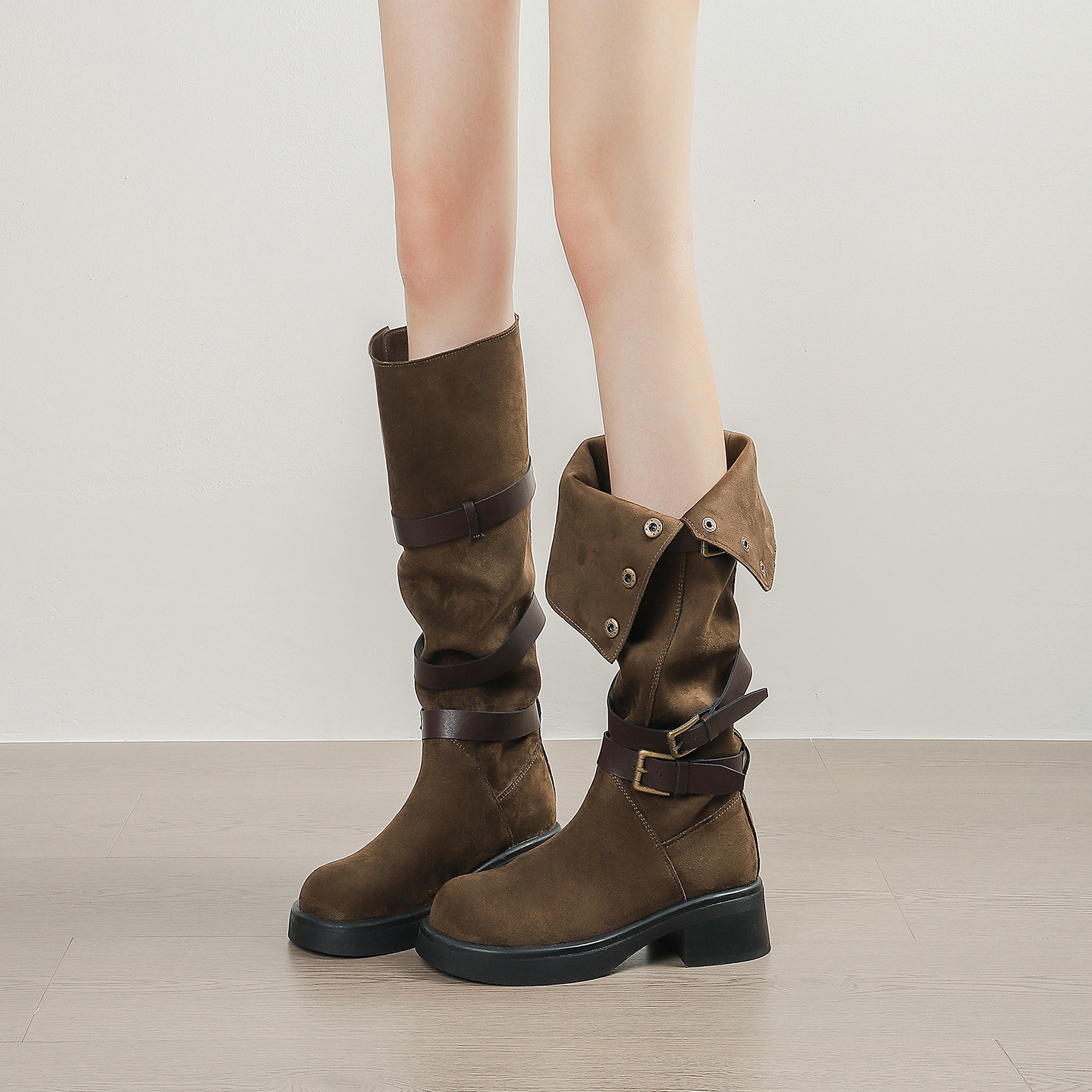 美丽娜绒面粗跟显瘦长筒西部靴女