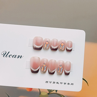 【暖洋】半糖红茶秋冬款猫眼酒红色法式镶钻纯手工穿戴甲