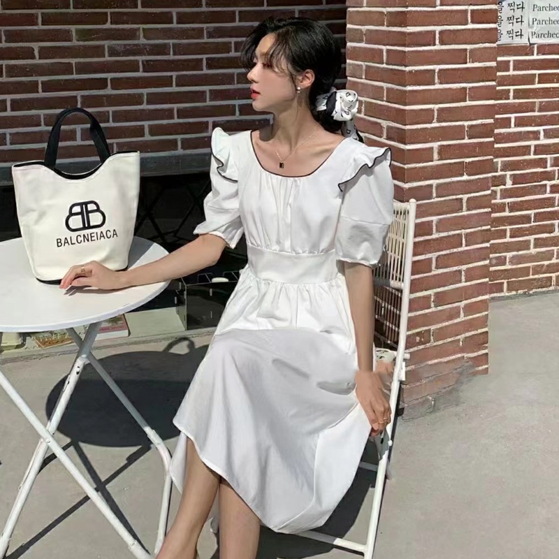 清！原79圆领荷叶边方领泡泡袖清新拼色高腰短袖后背绑绳连衣裙