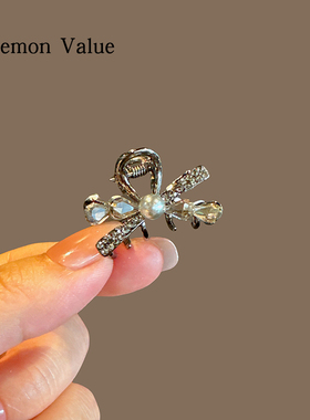 Lemon Value黑色复古珍珠水晶蝴蝶结发夹新款小号刘海夹侧边抓夹