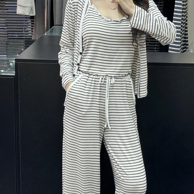 睡衣女秋冬长袖吊带条纹三件套休闲套装自带胸垫可外穿女士家居服