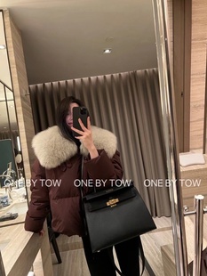 ONEBYTOW狐狸毛领羽绒服女23年冬季新款短款白鸭绒保暖外套潮6662