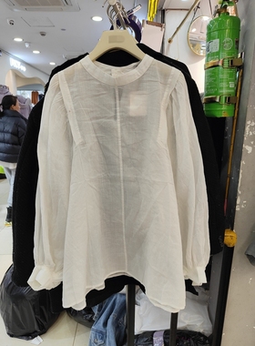 BOLATU韩版圆领后镂空泡泡袖宽松休闲棉麻衬衫上衣2025春女21303