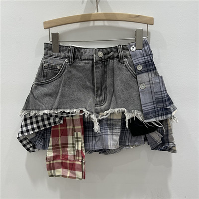 美式复古格子拼接设计2026春夏新款高腰A字牛仔不规则半身裙