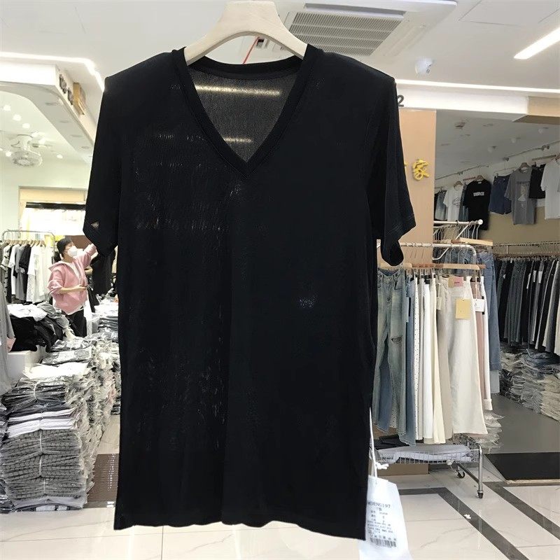 摩登Mdeng宽松v领垫肩短袖T恤女2026夏新款休闲百搭醋酸上衣H5698