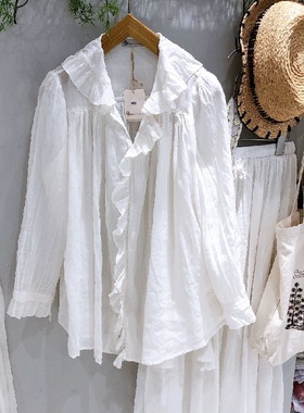 十三行BOLATU柏拉图秋季新款 法式气质娃娃领甜美小众棉麻衬衫女