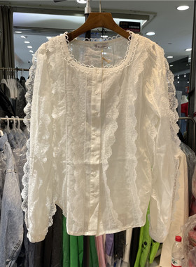 BOLATU柏拉图春新款韩版甜美洋气方领钩花长袖宽松蕾丝棉麻衬衣女