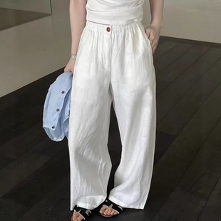 纤贝思qianbeisi550亚麻阔腿裤女韩系夏季松紧腰宽松遮肉直筒长裤