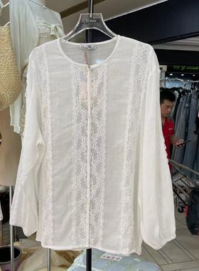 柏拉图日系拼接蕾丝宽松森女系棉麻衬衫仙女防晒衬衫上衣18018