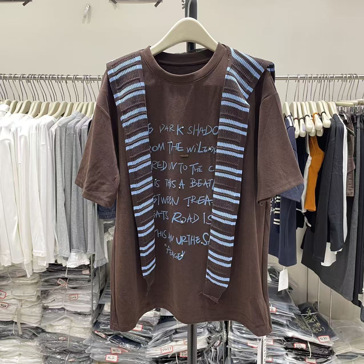 ZW卓娃2025秋季字母印花款披肩两件套短袖T恤女宽松休闲半袖上衣