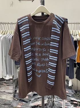 ZW卓娃2025秋季字母印花款披肩两件套短袖T恤女宽松休闲半袖上衣