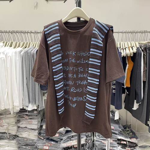 ZW卓娃2026春季字母印花款披肩两件套短袖T恤女宽松休闲半袖上衣