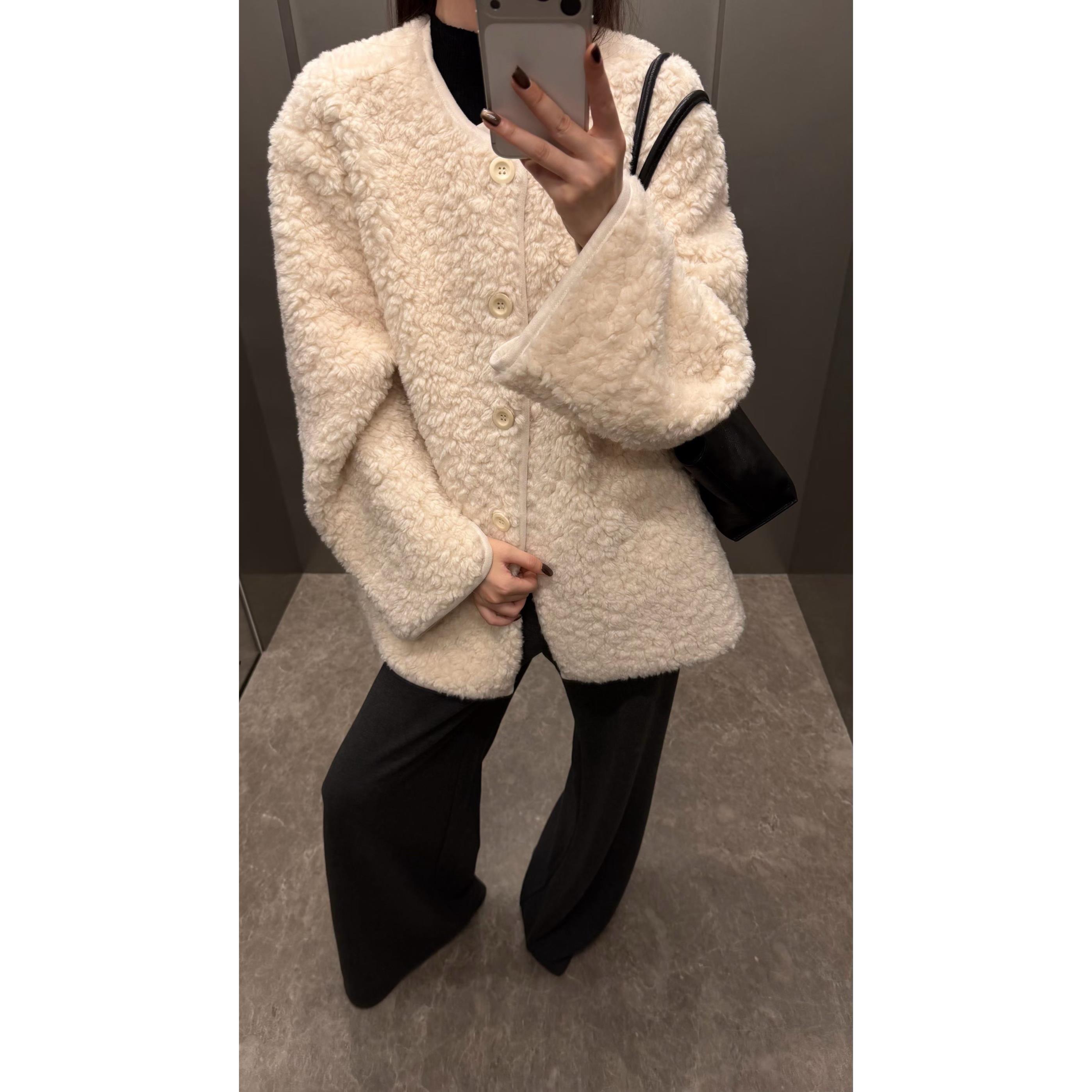 mdeng摩登H162皮毛一体冬季新韩版慵懒风简约中长款羊羔毛外套女