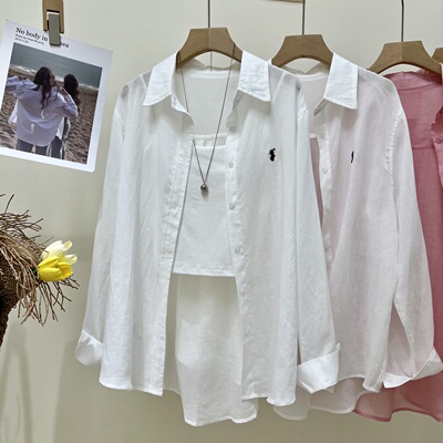 纤贝思 100%苎麻衬衫女 胸口小马刺绣 高品质凉快麻料衬衣防晒