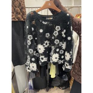 百搭上衣罩衫 xun欧洲站2025新款 圆领镂空钩花休闲宽松显瘦针织衫