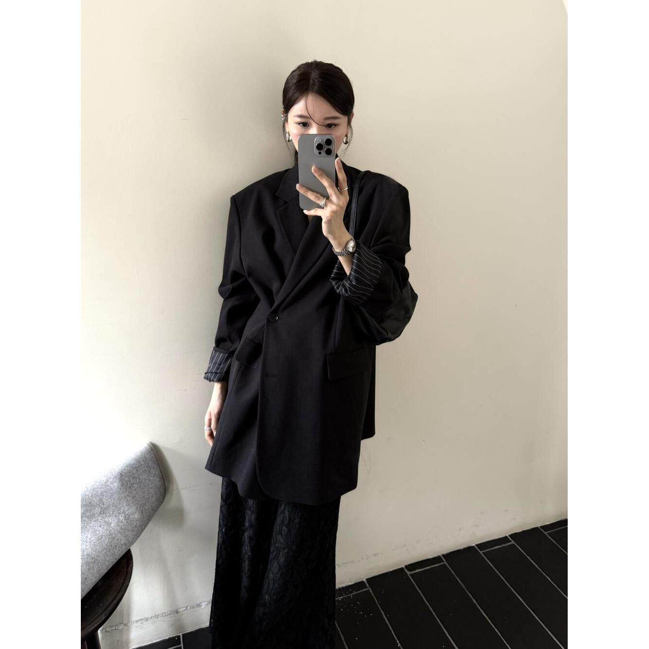 摩登mdeng197侧系扣韩版简约西装外套女2026秋新百搭上衣73618-1