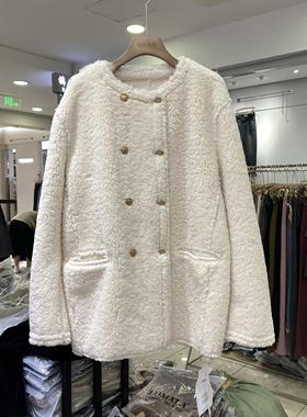 摩登mdeng羊羔毛双排扣中长款外套女2024冬季休闲大衣T6350