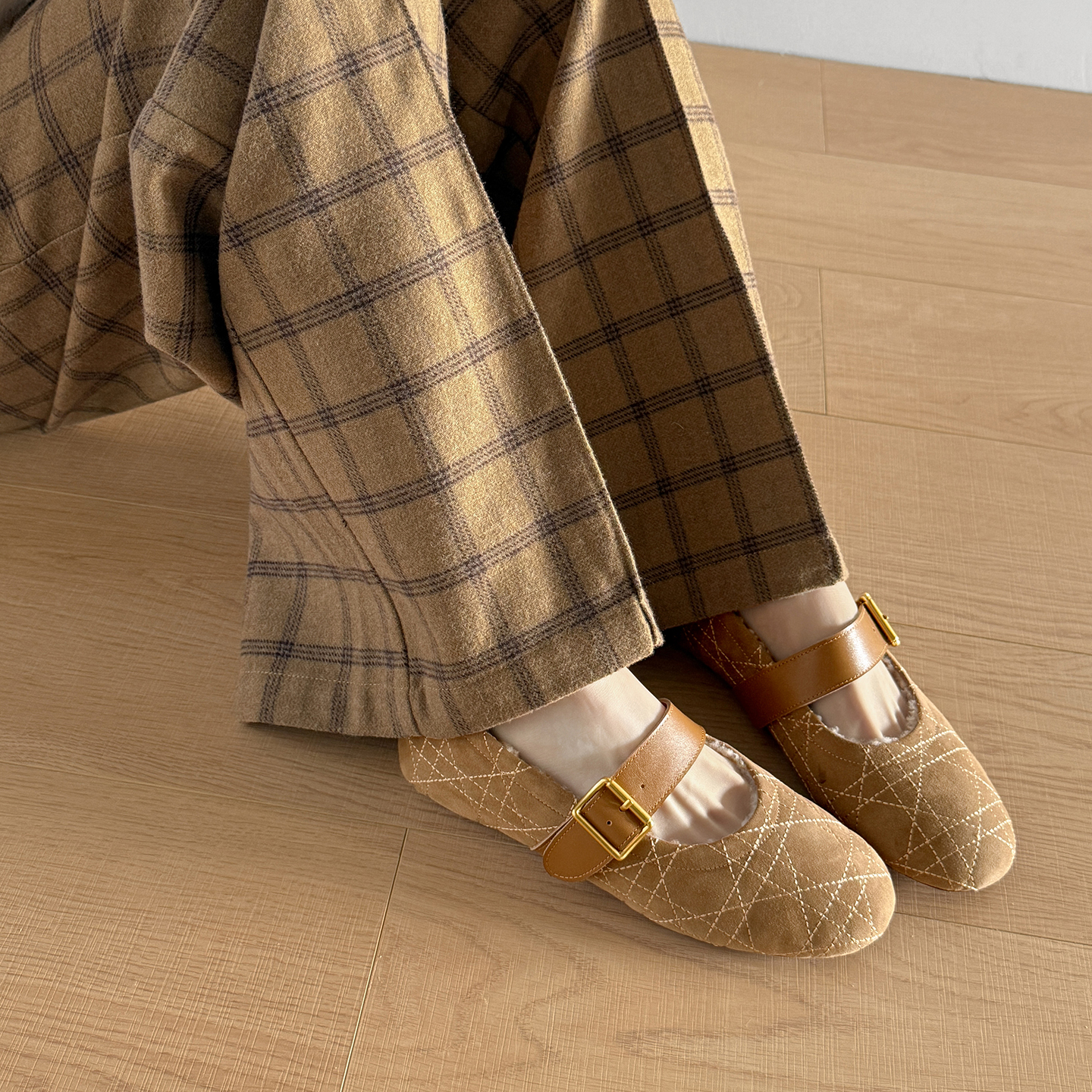 1.5cm跟高真皮羊毛玛丽珍鞋女