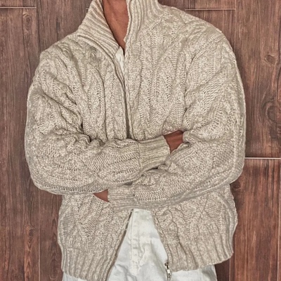 LJOSANNLAM美式慵懒风半高领麻花纹针织开衫男秋冬毛衣外套