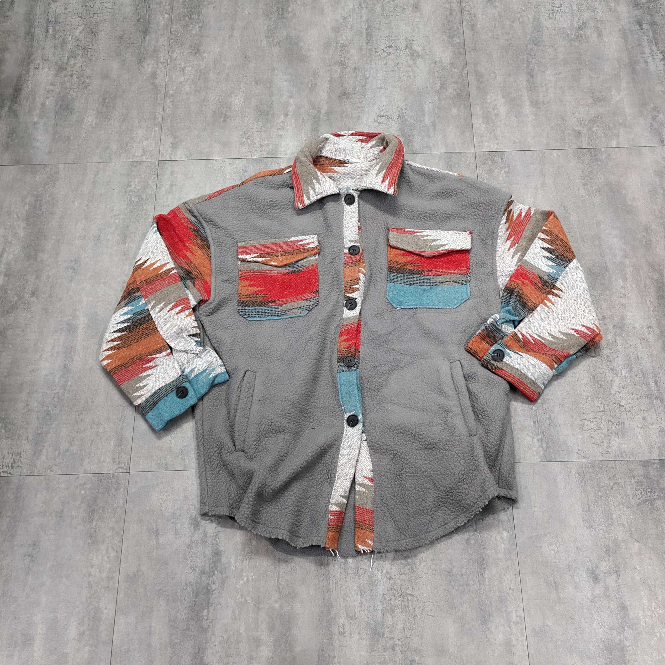 秋冬民族风保暖宽松拼接撞色毛绒外套男女情侣休闲口袋衬衫