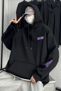 黑宽松大码连帽印花卫衣港风大皂情侣XZ517A-1-WY801-P48控68图片