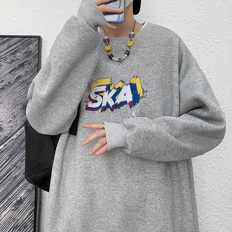 灰色宽松大码圆领印花卫衣港风大皂情侣XZ517A-1-WY602-P43控58，男装卫衣，星座517A-1