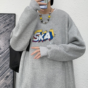 灰色宽松大码圆领印花卫衣港风大皂情侣XZ517A-1-WY602-P43控58,男装卫衣,星座517A-1