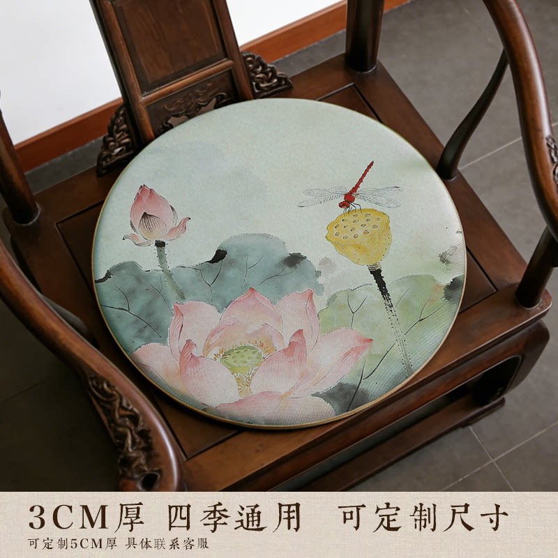 新中式圆形坐垫餐椅鼓凳坐垫实木圈椅藤椅茶椅圆凳椅子荷花印花垫