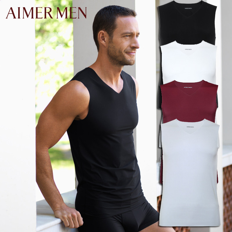 爱慕先生专柜正品高端莫代尔无痕切边V领男士背心式上衣NS11F62