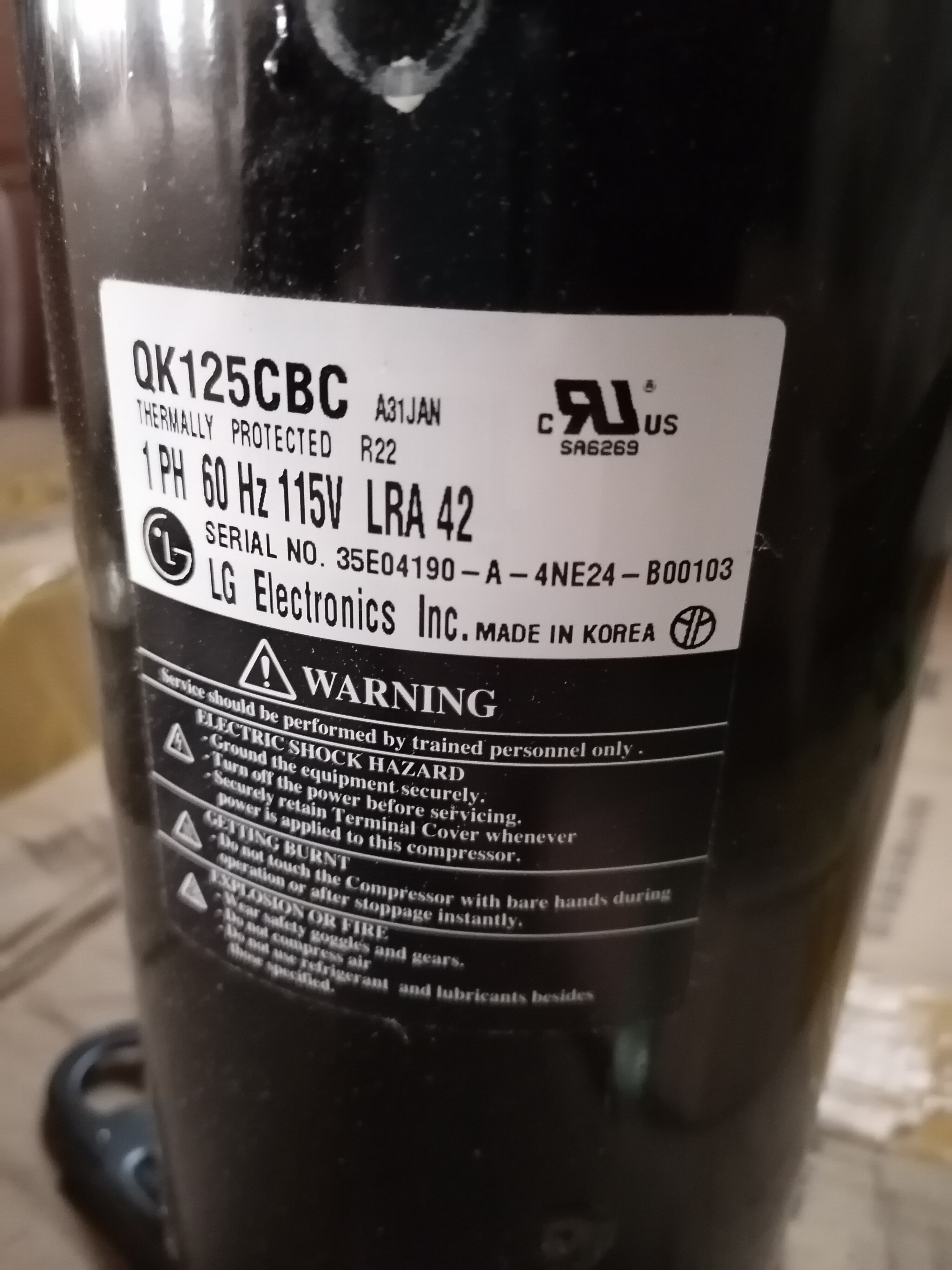 1p全新机原装lg空调压缩机qk125cbc空调热泵60hz/115v制冷剂r22