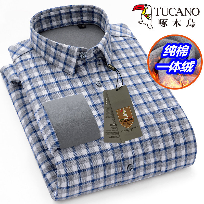 新款啄木鸟男士冬季加绒加厚纯棉磨毛保暖衬衫长袖格子全棉衬衣