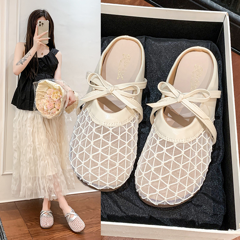 蝴蝶结平底透气半拖女2025夏季