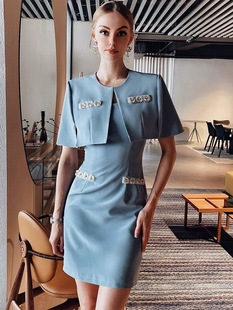 钉珠连衣裙高级感气质名媛连衣裙两件套S码 新款 粉红大布娃娃 092