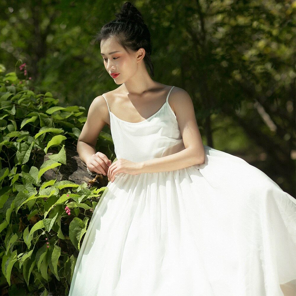 131 棉麻记气质吊带连衣裙女夏季新款收腰显瘦打底裙大摆裙M码