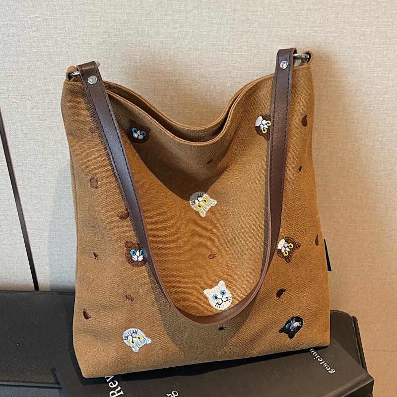 刺绣猫咪帆布托特包大容量水桶包