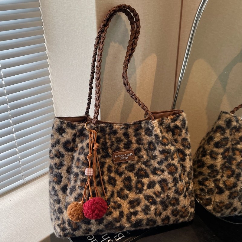 豹纹毛绒包包女冬季2025新款大容量通勤包小众百搭毛呢单肩托特包,箱包皮具/热销女包/男包,托特包,淘宝优惠券,粉丝福利购,淘宝优惠卷