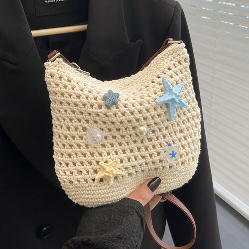手工棉线编织夏季度假斜挎手机包